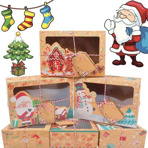 Newtic 12 PCS Keksverpackungen Keksschachtel Weihnachten Kraftpapier Geschenkboxen mit Sichtfenster DIY Karten, Verpackung Papiertüten für Gebäck, Muffin, Macarons, Süßigkeiten Box