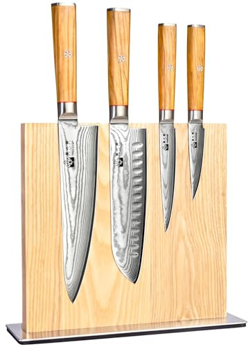 FUJUNI Damastmesser Set mit Block, 5-Teilig Messerset Damast Mit Extrem Scharf Klinge Aus 67 Lagen VG-10 Damaststahl Messer, Olivenholzgriff, Geschenkbox