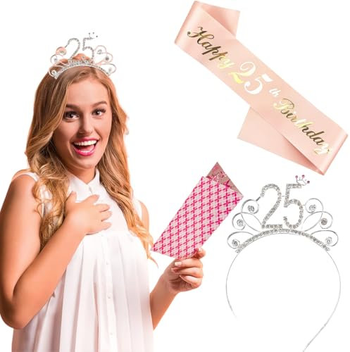 Banda y tiara de cumpleaños número 25 para mujer, 25. Corona de cumpleaños con banda para despedida de soltera para 25 años, decoración de cumpleaños para niñas, para fiestas de cumpleaños 25