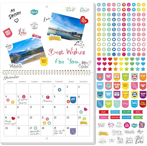 Blank Scrapbook Wall Calendar, Spiral-Bound Hanging Monthly Calendar, DIY Blank Calender with 400 Stickers for Office, Home, Kids, Adults (12” x 9” closed,18” x 12” open size)