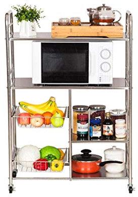 HPTHLY Multifunction Portable Hand Trucks,4-Tiers Kitchen Microwave Oven Storage Rack With Wheel - Metal Microwave Oven Cart Large Stainless Steel Kitchen Rack