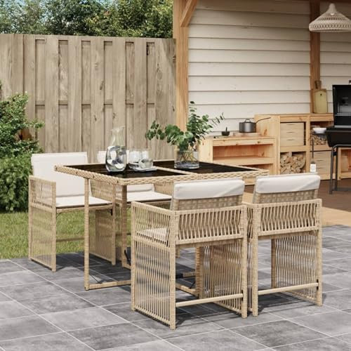 Somanki 5-TLG. Garten-Essgruppe mit Kissen Beige Poly Rattan, Esstisch Mit Stühlen Set, Gartenmöbel Sitzgruppe, Balkon Möbel, Gartenlounge Set, Terrassenmöbel, Balkonmöbel Set - 3211618