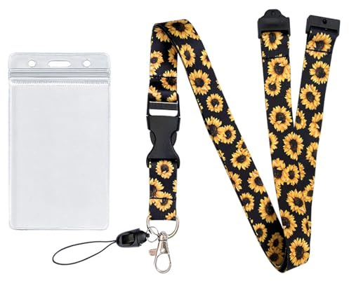 Schlüsselband für Schlüssel, Umhängeband für Damen, Ausweishalter mit Metallclip (schwarze Sonnenblume)