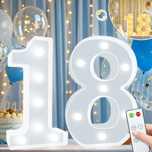 Vimlits Light Up Numbers 18th Birthday Decorations for Girls, LED Number Lights Lighted Number Sign for Party Backdrop Wedding Anniversary Remote Wall Table Decor - Cool White & Warm White 18