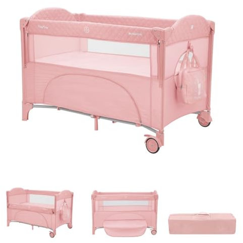 Kikkaboo Reisebett Milky Way, 2 Ebenen, seitliche Öffnung, 2 Räder, Netzfenster, Farbe:rosa pink