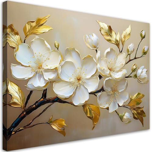 Feeby Leinwandbilder - Deko Bilder - Magnolie Weiße Blume Natur - Canvas 90x60 cm 1tlg- Wandbilder Schlafzimmer - Aesthetic Room Decor - Modern Wanddeko - Bild auf Leinwand - Fertig Gespannd