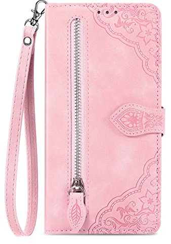 NEXCURIO Coque Portefeuille pour Apple iPhone 16e Étui à Rabat Folio Pochette Housse de Protection en Cuir PU avec Cordon Porte Cartes Clapet Béquille Femme Fleur - Rose
