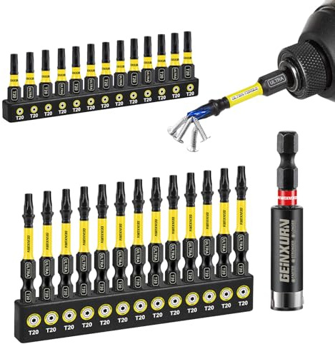 GEINXURN Torx Lot de 26 Embouts de Vissage aux Chocs T20 25mm 50mm, Jeu d'embouts Magnétique pour Visseuse Tournevis Tige Hexagonale 1/4 S2 en Acier Allié avec 1 Porte-embout de 60mm, Code Couleur