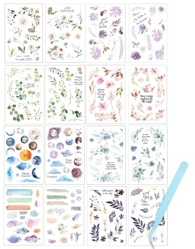 Anseom Rub On Transfer Sticker Set, 16 Blatt Blumen & Blätter Aufkleber, Wasserdicht, DIY für Glas, Tasse & mehr