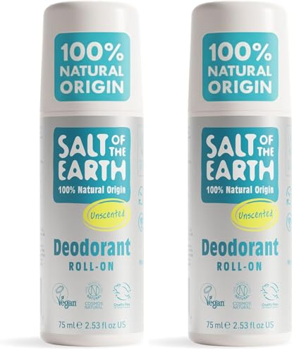 Salt of the Earth Desodorante Natural Roll On Sin Fragancia Para Hombre, Mujer y Niños - Protección Efectiva y Vegano - 75 ml (Paquete de 2)