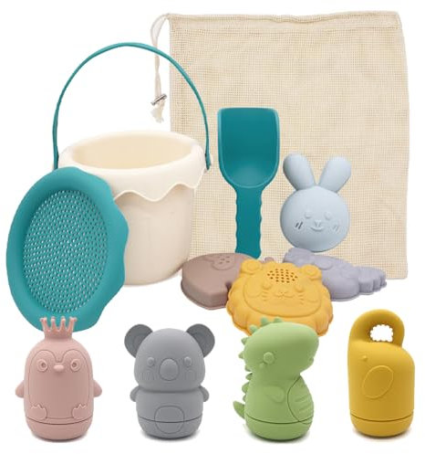 CHSEEO Jeux de Plage, Plage Bebe en Silicone, Jouet de Plage Enfant, 11 Pièces avec Seau Plage Pliant, Modèle Animal, pour Bac a Sable Intérieur Extérieur Jouets de Jardin