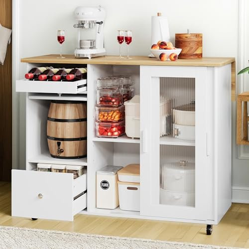 Carrito de Cocina con Ruedas Plegable, Isla de Cocina Móvil Grande con Puertas Corredizas de Vidrio Templado, Botellero, 2 Cajones y Estantes Ajustables, 112x46x91 cm