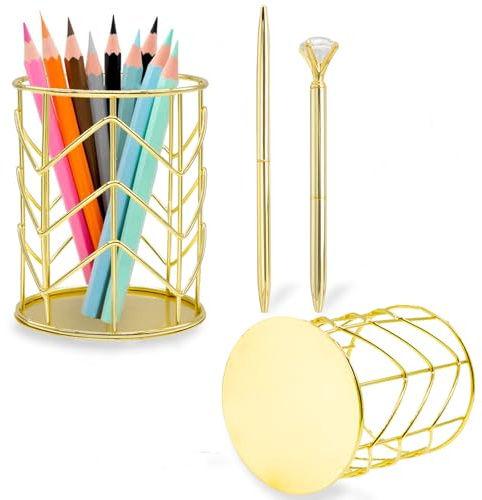Jiayaus 2 Stücke Stiftehalter mit 2 Pen, Gold Bleistifthalter Stiftehalter | Durchbrochen Runder Eisenkunst Schreibgerätehalter, Make-up Pinselhalter, Schreibtisch Büro Haus und Schuler