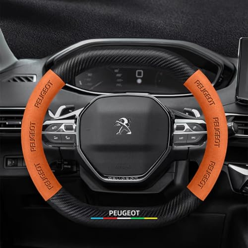 ZLSXTN Lenkradbezug für Peugeot 2008 2023 2024 2025,Wildleder+Karbonfaser Verbesserter Griff Deko Innenraum rutschfest Sportlich Lenkradhülle Lenkradschoner Lenkradabdeckung Auto Zubehör,Orange
