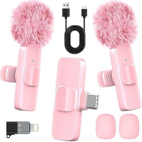 HONGJIEYUAN Micrófono Lavalier inalámbrico rosa para iPhone y Android – Mini micrófono de clip con cancelación de ruido, rango de 65 pies, batería 8H, USB-C/Lightning – para TikTok, YouTube, Podcast