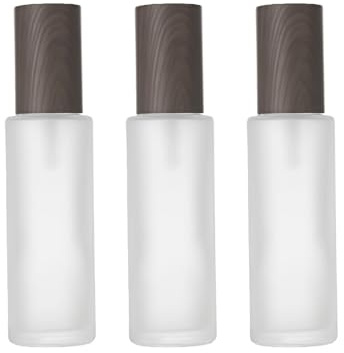 3PCS 60ML/2OZ Empty Clear Frosted Glass Lotion Pump Press Bottles Refillable Cosmetic Dispenser Container with Dark Plastic Wood Grain Lid for Essential Oil Foundation Cream