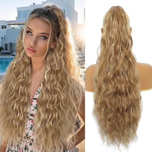 Ponytail Extension 24 Inch Claw Clip Ponytail Extension 190g Wavy Curly Claw Clip in Ponytail Hair Extensions Pony Tail Synthetic Hairpiece for Women (Medium Blonde with Blonde Highlights, 24 Inch)