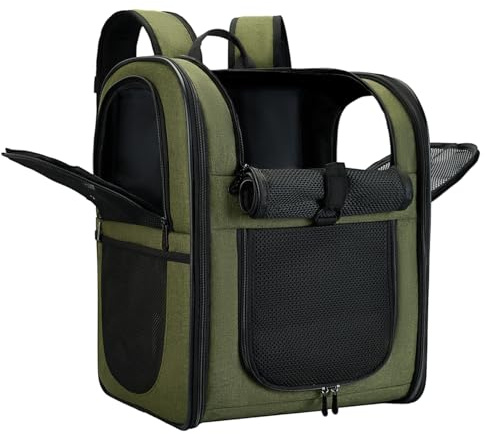 Apollo Walker Haustier Rucksack für Hunde und Katzen für Wandern Armee Grün | Atmungsaktives Netz, stabiler Boden, geräumiger Innenraum, gepolsterter Rücken, breite Schultergurte und Sicherheitsclip