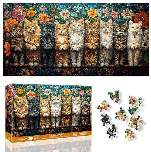 Ginfonr Puzzle 1000 Teile 《Cat's Visit 》 Puzzle Erwachsene Herausforderndes Rätsel,Puzzlespiele Für Die Ganze Familie, EIN Festliches Geschenk Für Freunde in Einer Schönen Verpackung Tiere