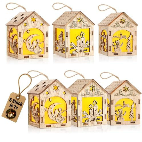 com-four® 6X LED-Dekohänger Holzhaus, dekorative Holzhäuschen | warmweiße LED-Lampen - dekorative LED-Christbaumanhänger - Holz-Hängedeko