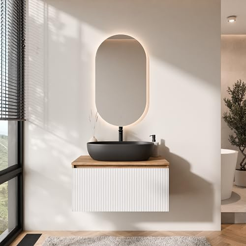 Planetmöbel Arisa Badmöbel Set Waschtisch mit Unterschrank 80 cm Gold Eiche weiß (geriffelt) mit LED Spiegel, Waschbecken 60 cm schwarz, inkl. Raumsparsiphon