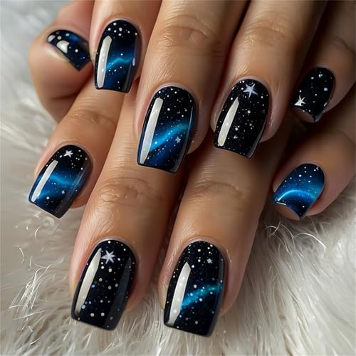 24pcs Short False Nails with Glue - Blue Sky French Tip Press on Nails Square - Press on Nails Short in 12 Sizes - Full Cover Ballerina Acrylic Nails with Nail File & Nail Sticky Tabs
