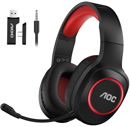 AOC Kabelloses Gaming-Headset mit Mikrofon für PC, PS5, PS4 und Switch | 2,4 GHz Wireless Headset mit Bluetooth 5.4 & Kabel, klarer Gaming 7.1 Sound, Bequeme Ohrpolster, 239 g leicht, 45 Std. Akku