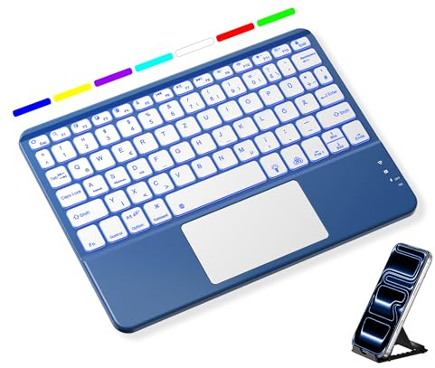 Vobafe Bluetooth Tastatur mit Touchpad, 7-farbiges Backlight iPad Tastatur | Traleicht Kabellose QWERTZ Keyboard mit Trackpad für iPad/Tablet/Laptop/PC/Smartphone(iOS/Windows/Android Systeme), Navy