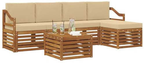 vidaXL Sofagarnituren 6 pcs Natur und Beige Massivholz Akazie, Moderner Garten-Sofa, haltbare Terrasse Sitzgelegenheiten, bequemes Lounge-Möbel für draußen
