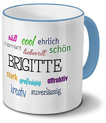 printplanet Tasse mit Namen Brigitte - Positive Eigenschaften von Brigitte - Namenstasse, Kaffeebecher, Mug, Becher, Kaffeetasse - Farbe Hellblau