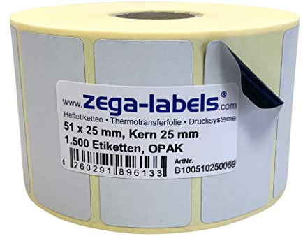 Thermotransfer Etiketten BLICKDICHT OPAK auf Rolle - 51 x 25 mm - 1.500 Stück je Rolle - Kern: 25 mm - aussen gewickelt - permanent haftend - Druckverfahren: Thermotransfer (Drucken mit Farbband)