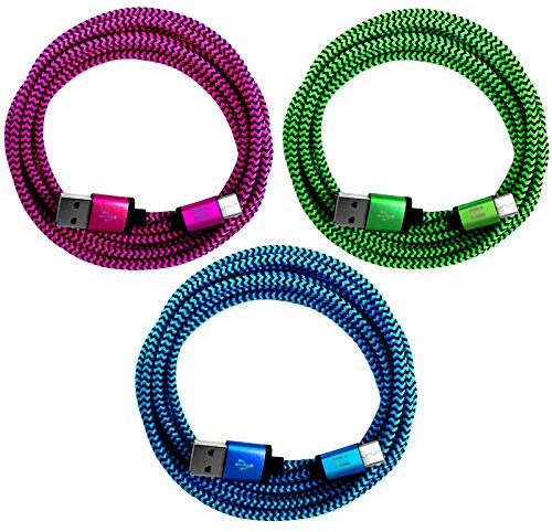 i! - 3X 2m Premium Nylon USB-C Schnellladekabel Datenkabel Set für Handy Tablet Smartphone - blau + grün + pink
