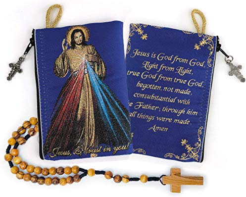 Rosenkranzbeutel mit Olivenholz, katholischer Seil-Rosenkranz aus Israel, göttliche Barmherzigkeit Jesu und Jesus ist Gott, gewebter Stoff, Gobelin-Stil, Ikone, Reisetasche, religiöses katholisches