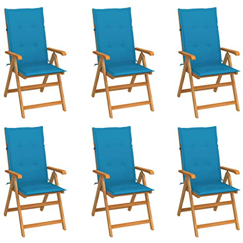 vidaXL 6X Teak Massiv Gartenstuhl mit Blauen Kissen Klappbar Hochlehner Klappstuhl Gartensessel Holzstuhl Stuhl Stühle Gartenstühle