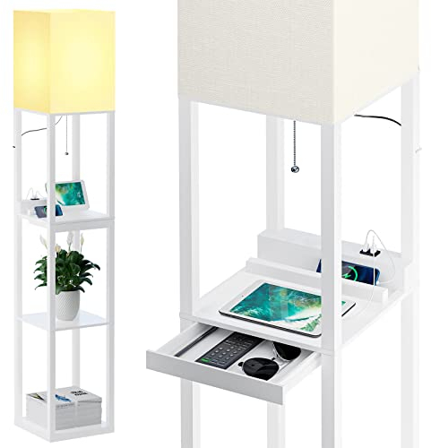 SUNMORY Stehlampe Wohnzimmer, Stehlampe mit Regal aus Massivholz, 3 Farbtemperaturen, 2 USB-Ladeanschlüsse und 1 Schublade, Stehlampen für Wohnzimmer, Schlafzimmer, Stehlampe Weiß(Mit Glühbirne)