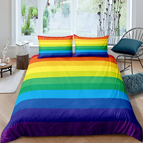 Loussiesd Rainbow Bedding Set for Girls Colorful Stripes Design Duvet Cover Red Orange Yellow Green Blue Purple Bedclothes Single Children Teens 1 Duvet Cover with 1 Pillowcase, Soft Microfiber