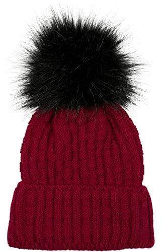 styleBREAKER Unisex warme Strick Bommelmütze mit Flecht Muster und Fleece Futter, Winter Fellbommel Mütze 04024171, Farbe:Bordeaux-Rot