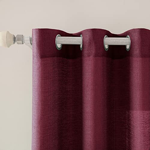 MIULEE 2er Set Voile Vorhang Sheer Leinenvorhang mit Ösen Transparente Unregelmäßige Textur Gardine Ösenschal Fensterschal Lichtdurchlässig für Schlafzimmer 160 x 140cm (H x B) Weinrot