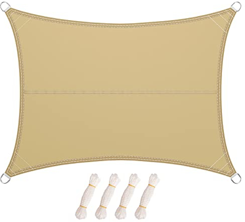 LARMNEE Toldo de 2 x 4 m, impermeable, protección solar, tinta rectangular, cuerdas de fijación, PES, para jardín, balcón, protección UV, resistencia al desgarro, exterior, color amarillo arena