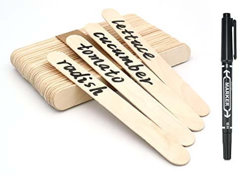 KINGLAKE 50Pcs Wooden Plant Labels with a Marker Pen, Wooden Plant Markers Sign Garden Labels Tags for Potted Plants Herb Seed Vegetable Flowers (15x1.6cm)