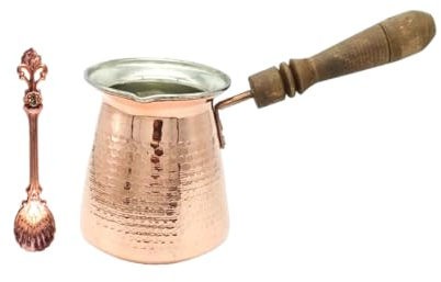 Leo Design Turkish Coffee Pot 5 Sizes, Coffee Maker Greek Arabic Coffee Stovetop Thick 3mm Solid Hammered Handmade Engraved Copper Cezve Ibrik Briki with Wooden Handle for 2-8 People (2 Cup / 180ml)