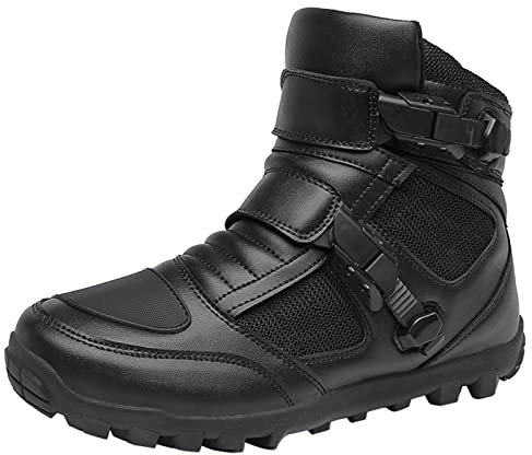 Scarpe da Moto da Uomo Stivali da Moto da Strada in Pelle Stivali da Equitazione Traspiranti Fibbia Antiscivolo Escursionismo All'aperto,Nero,43 EU