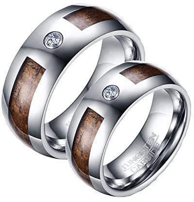 Hoisy Ring Damen, Partnerringe für Sie und Ihn Zirkonia-Ring mit Holzeinlage Größe Frauen 65 (20.7) und Männer 54 (17.2)