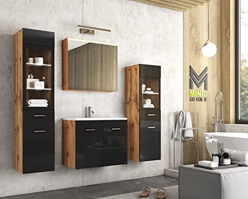 MINIO go for it - Badezimmermöbel Set Marit 2, mit LED-Belechtung, Wandspiegelschrank, Schrank mit Waschbecken, Farbe: Wotan Eiche/Schwarz Hochglanz