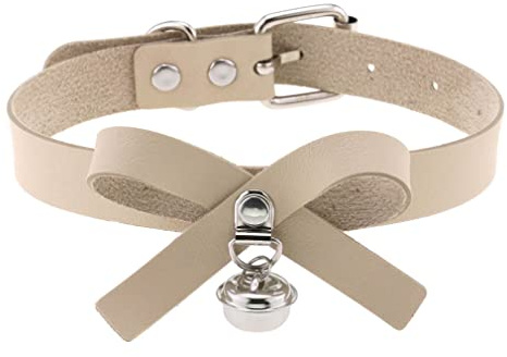 Duories Leder Choker Kette,Halsband aus Leder mit Schleifenknoten und Glöckchen,Verstellbarer Choker 30 cm–40 cm für Damen Herren,Geeignet für Abschlussball, Date, Party, Club, Bar, Konzert,Beige