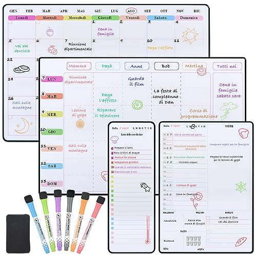 POPRUN Lavagna Calendario Magnetica frigo Cancellabile,Pianificazione la Settimana+Mensile+Giornaliera+Lista delle cose da fare, Set di 4 Famiglia Lavagna Bianca Calendario Frigorifero - in Italiano