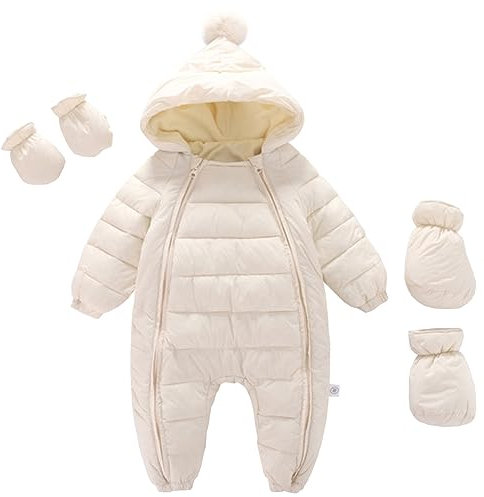 BeerMmay Schneeanzug Baby Strampler Neugeborene Kinder Jungen Overall Skianzug Jumpsuit Mit Kapuze Mädchen Einteilige Daunenjacke Mit Handschuhen Winter Schneeoverall, Beige, 80-86