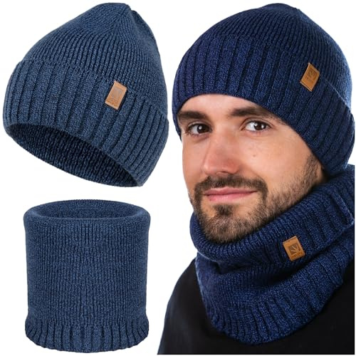 HEYO Herren Winter Mütze Set Beanie + Schlauchschal 2er Set | angenehme warme Strickmütze Wintermütze Weiche Übergangsmütze mit Bündchen Schal Rundschal Halswärmer
