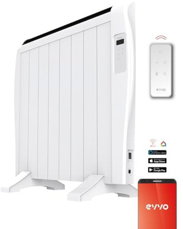 Radiador Emisor Térmico EVVO C8 Blanco, 1200W, hasta 16m2, Instalación Suelo o Pared, Control por Voz, Google Home, 8 elementos, Bloqueo infantil, Wifi, Control remoto, Temporizador, Display LCD