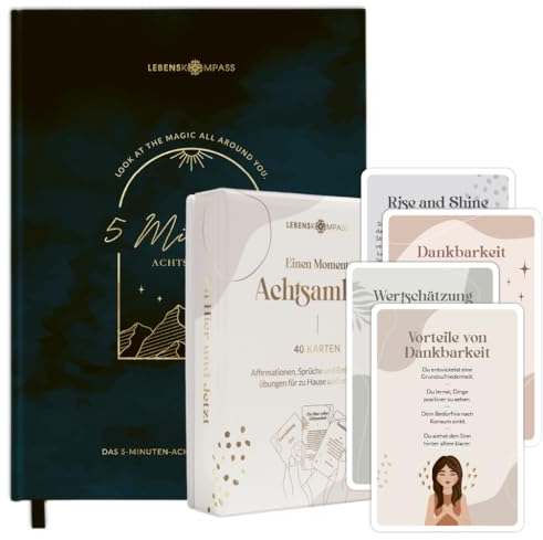 Lebenskompass 40 Achtsamkeitskarten Mindfulness & Attention - 5 Minuten Achtsamkeitstagebuch “MIND” - Positive Affirmationen und Übungen - Geschenk Tagebuch für mehr Dankbarkeit